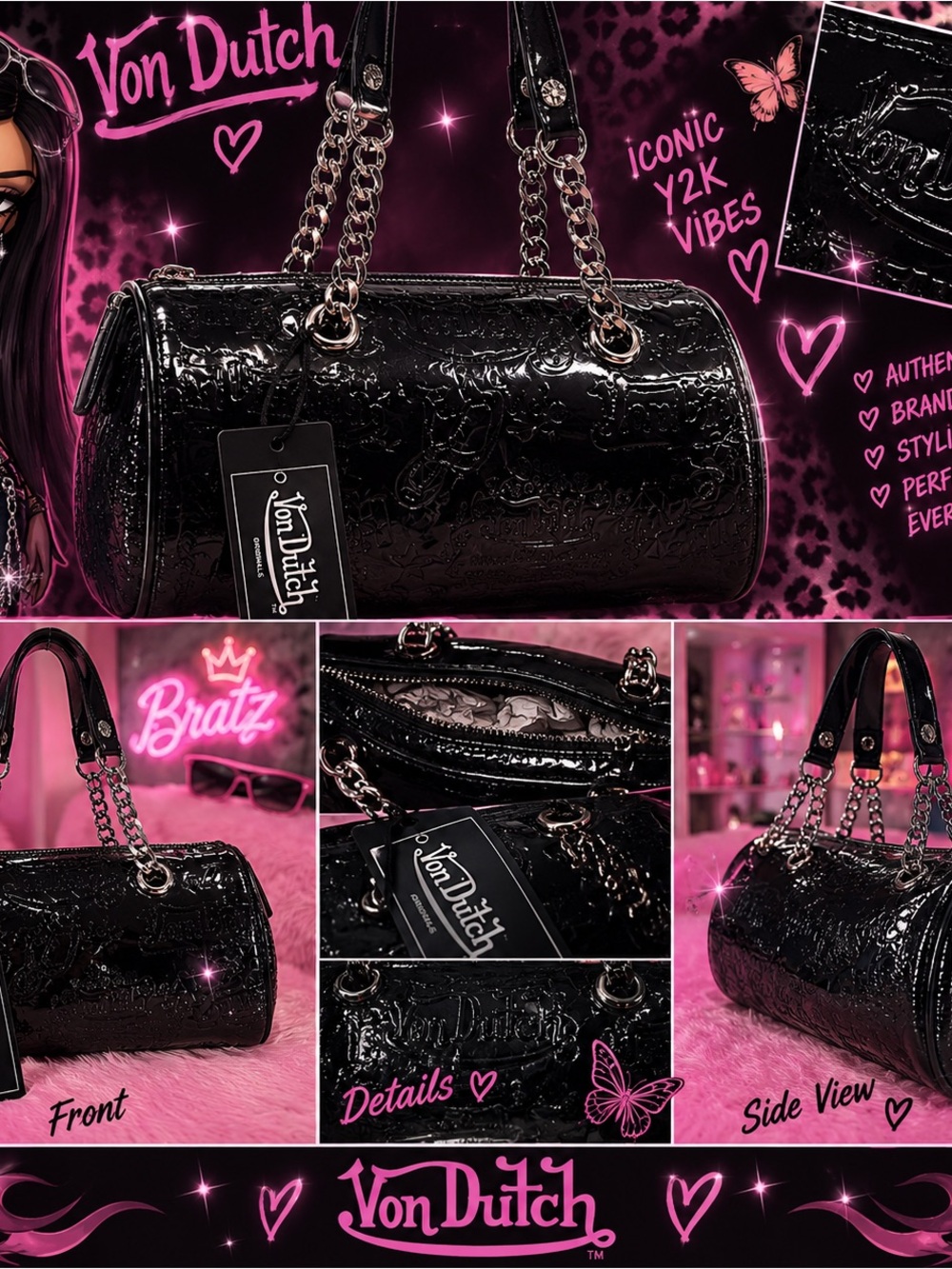 Von Dutch Black Patent Barrel Bag with Chain Straps